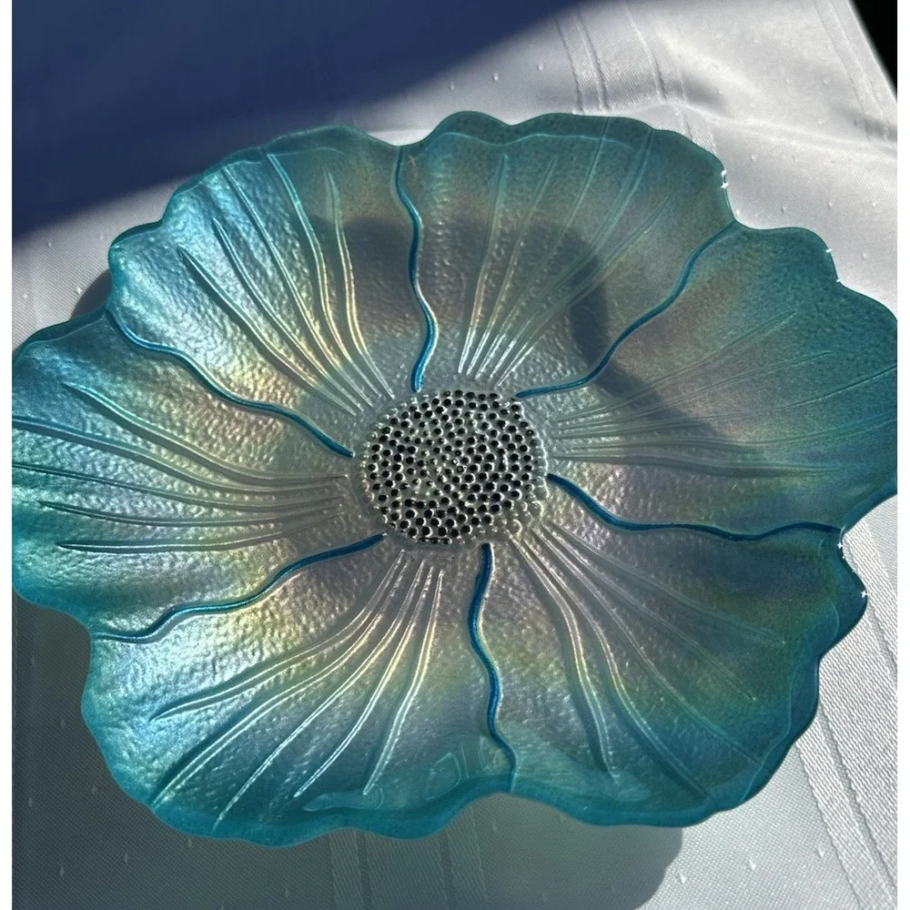 VTG Iridescent Art Glass Flower Bowl‎ | Teal Metallic Petal Dish | 8